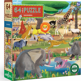 Eeboo Savanna jigsaw puzzle featuring a colorful illustration of a lively savanna scene with various animals including a lion, elephant, giraffe, zebra, and leopard among trees and flowers. The puzzle consists of 64 pieces and is suitable for ages 5 and up. The box displays vibrant artwork, inviting young puzzlers to explore the animal kingdom.