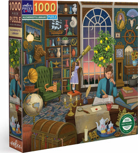 The Alchemist's Library jigsaw puzzle features a richly detailed scene with a cozy study filled with books, a globe, and various artifacts. A woman writes at a desk while a girl looks through a telescope, and a cat rests peacefully in the foreground. The puzzle consists of 1000 pieces and measures 23 x 32 inches.