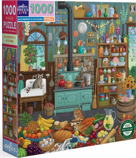 A colorful 1000-piece jigsaw puzzle called 'Alchemist's Kitchen' by Eeboo. The image showcases a busy kitchen filled with various fruits, vegetables, jars, and kitchenware. A raccoon sits on a sink while a cat lounges on the counter amidst the abundance of food items. The puzzle box features vibrant artwork reflecting the charm of a magical kitchen setting.