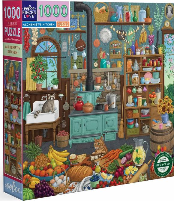 A colorful 1000-piece jigsaw puzzle called 'Alchemist's Kitchen' by Eeboo. The image showcases a busy kitchen filled with various fruits, vegetables, jars, and kitchenware. A raccoon sits on a sink while a cat lounges on the counter amidst the abundance of food items. The puzzle box features vibrant artwork reflecting the charm of a magical kitchen setting.