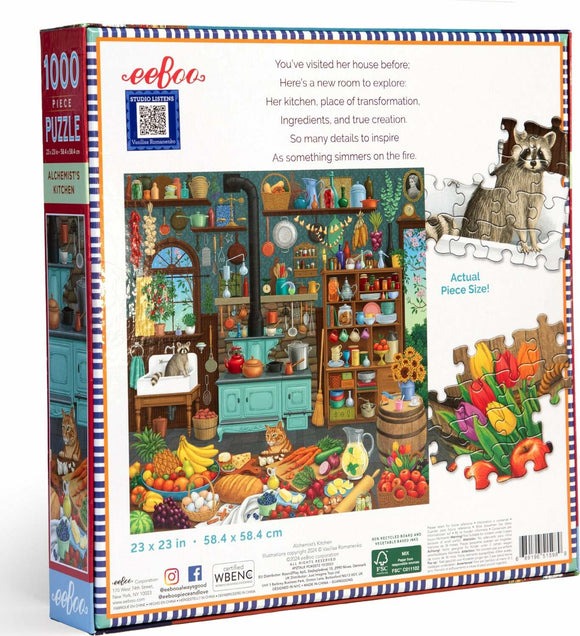 The Alchemist's Kitchen jigsaw puzzle featuring a colorful and detailed illustration of a kitchen filled with fruits, vegetables, pots, and whimsical characters such as raccoons. The box displays the title and puzzle specifications.