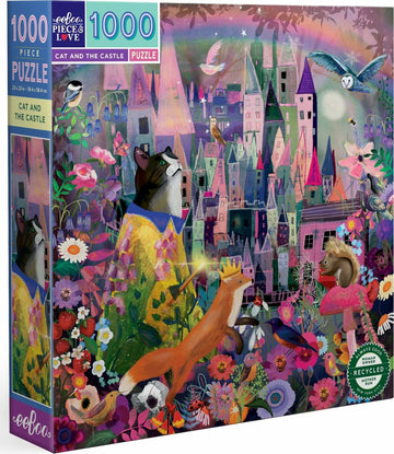 Cat and the Castle 1000-piece jigsaw puzzle by eeboo features a whimsical illustration of a cat and a fox in a vibrant, enchanted landscape filled with colorful flowers, playful animals, and a fairytale-like castle in the background. The puzzle cover highlights a dreamy color palette and intricate details that invite puzzle enthusiasts to embark on a delightful challenge.