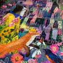 A vibrant jigsaw puzzle showcasing a whimsical scene titled 'Cat and the Castle'. The puzzle features a cat wearing a yellow sweater, a crowned fox, and colorful flowers amidst a charming castle backdrop, with intricate details enhancing the fantasy theme.