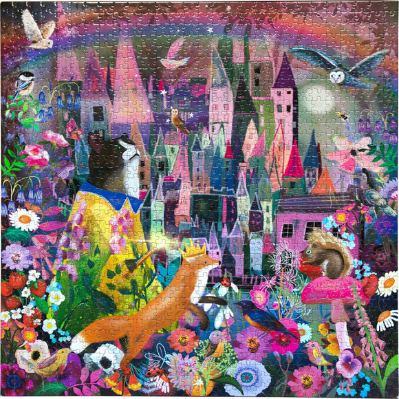 Colorful 1000-piece jigsaw puzzle titled 'Cat and the Castle' by eeBoo, featuring a vibrant illustration of a majestic castle with various animals, including a cat wearing a cloak and a fox, surrounded by flowers and birds against a whimsical sky.