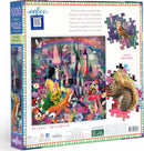 The 'Cat and the Castle' 1000-piece jigsaw puzzle by eeboo features a whimsical illustration of a magical scene with a colorful castle, various animals including a cat and an owl, surrounded by vibrant flowers and a rainbow. The puzzle has intricate details and highlights the charm of both nature and fantasy.