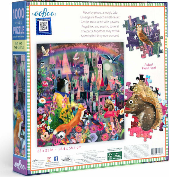 The 'Cat and the Castle' 1000-piece jigsaw puzzle by eeboo features a whimsical illustration of a magical scene with a colorful castle, various animals including a cat and an owl, surrounded by vibrant flowers and a rainbow. The puzzle has intricate details and highlights the charm of both nature and fantasy.