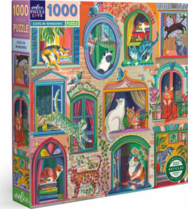 Eeboo's 'Cats in Windows' jigsaw puzzle featuring colorful illustrations of various cats in different windows, showcasing their playful antics and cozy surroundings. This 1000-piece puzzle is designed for cat lovers and puzzle enthusiasts, providing a fun and engaging activity for all ages.