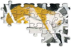 A colorful jigsaw puzzle piece featuring a sleeping cat painted in soft hues of yellow, white, and gray, framed by a modern abstract background. The design captures the serene mood of the cat in a relaxed pose, making it an enchanting piece for puzzle lovers.