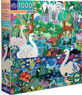 A vibrant and colorful jigsaw puzzle titled 'Ducks in the Clearing' by Eeboo. The image showcases a lively forest scene filled with various ducks and wildlife amidst a lush natural landscape, complete with lush greenery, a serene pond, and charming castle structures in the background. The puzzle consists of 1000 pieces and features whimsical illustrations that invite creativity and joy.