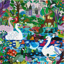 A colorful jigsaw puzzle titled 'Ducks in the Clearing' by Eeboo, featuring various ducks and swans in a vibrant natural setting with a castle in the background. The scene includes lush greenery, flowers, and other wildlife, creating a picturesque landscape full of intricate details and bright colors.