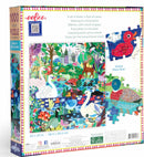 Eeboo's 'Ducks in the Clearing' jigsaw puzzle featuring a vibrant illustration of various ducks and swans relaxing by a serene forest pond. The scene is filled with lush greenery, colorful birds, and playful animals, creating a tranquil and inviting atmosphere. The puzzle includes 1000 intricately detailed pieces and measures 23 x 23 inches when completed.