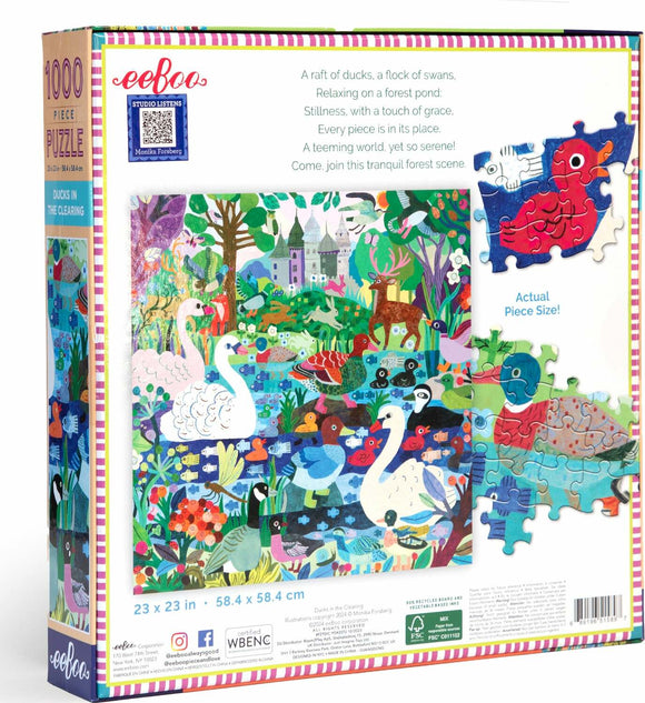 Eeboo's 'Ducks in the Clearing' jigsaw puzzle featuring a vibrant illustration of various ducks and swans relaxing by a serene forest pond. The scene is filled with lush greenery, colorful birds, and playful animals, creating a tranquil and inviting atmosphere. The puzzle includes 1000 intricately detailed pieces and measures 23 x 23 inches when completed.