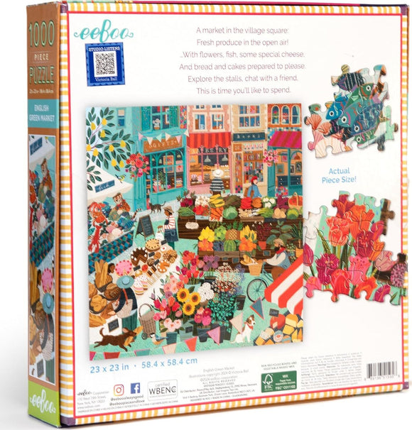 The English Green Market 1000-piece jigsaw puzzle by Eeboo features a colorful village square with vibrant stalls selling fresh produce, flowers, and baked goods. Illustrated by Victoria Ball, it invites users to explore the lively market scene filled with people chatting and shopping. The back of the box highlights the actual piece size.