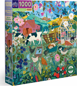 Eeboo English Hedgerow puzzle featuring a vibrant illustration of a rural scene with cows, chickens, flowers, and a greenhouse. The puzzle includes 1000 pieces and is designed with a lush hedgerow theme, perfect for nature lovers.