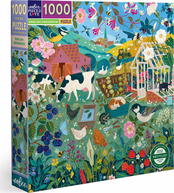 Eeboo English Hedgerow puzzle featuring a vibrant illustration of a rural scene with cows, chickens, flowers, and a greenhouse. The puzzle includes 1000 pieces and is designed with a lush hedgerow theme, perfect for nature lovers.