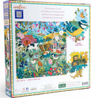 Eeboo's English Hedgerow jigsaw puzzle features a colorful, detailed illustration depicting a vibrant rural scene filled with flowers, animals, and quaint buildings. The back of the box displays the puzzle dimensions of 23 x 23 inches and includes an image of the puzzle pieces.
