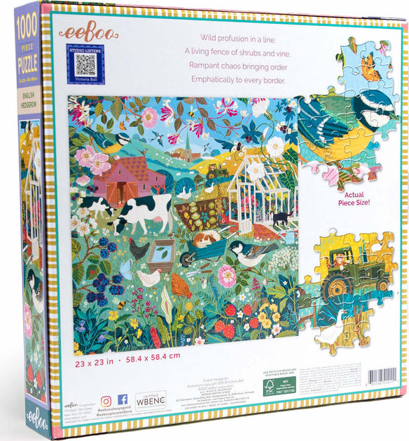 Eeboo's English Hedgerow jigsaw puzzle features a colorful, detailed illustration depicting a vibrant rural scene filled with flowers, animals, and quaint buildings. The back of the box displays the puzzle dimensions of 23 x 23 inches and includes an image of the puzzle pieces.