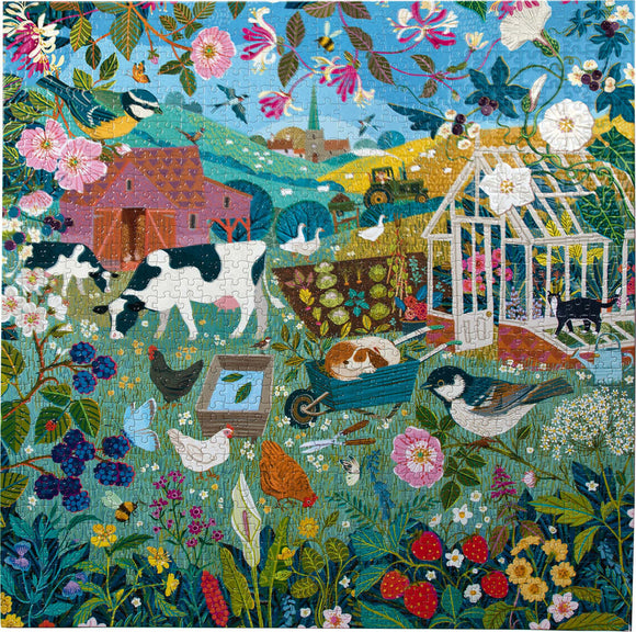 A vibrant jigsaw puzzle titled 'English Hedgerow' by Eeboo, depicting a colorful rural scene filled with animals like cows and birds, a greenhouse, flowers, and a tractor, showcasing a lively countryside atmosphere.