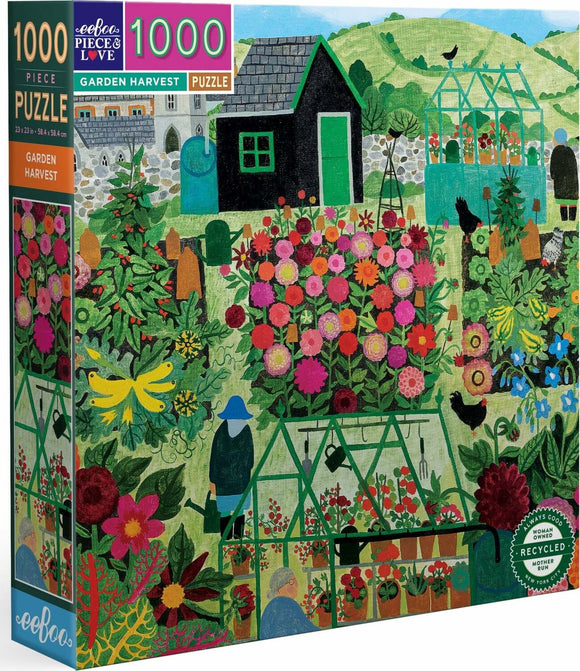 Eeboo's Garden Harvest 1000-piece jigsaw puzzle featuring a vibrant illustrated garden scene filled with flowers, gardeners, and greenhouses. The packaging displays a colorful design with the brand name and puzzle size.