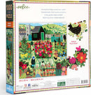 The Garden Harvest 1000pc jigsaw puzzle by Eeboo features a vibrant illustration of a well-kept garden with blooming flowers, greenhouses, and colorful plants. Includes actual piece size image to showcase the puzzle's detailed design. Perfect for puzzle lovers and garden enthusiasts, measuring 23 x 23 inches.