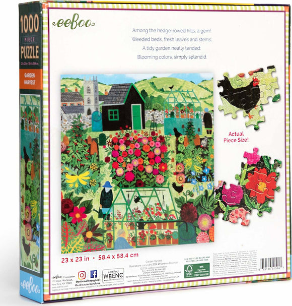 The Garden Harvest 1000pc jigsaw puzzle by Eeboo features a vibrant illustration of a well-kept garden with blooming flowers, greenhouses, and colorful plants. Includes actual piece size image to showcase the puzzle's detailed design. Perfect for puzzle lovers and garden enthusiasts, measuring 23 x 23 inches.