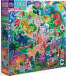 Eeboo Life in a Tree 1000-piece jigsaw puzzle featuring a vibrant and colorful illustration of various animals, flowers, and nature elements. The box displays a lively jungle scene with a tiger, leopard, and various birds among lush greenery and bright flowers. Perfect for puzzle enthusiasts of all ages.