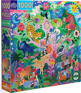 Eeboo Life in a Tree 1000-piece jigsaw puzzle featuring a vibrant and colorful illustration of various animals, flowers, and nature elements. The box displays a lively jungle scene with a tiger, leopard, and various birds among lush greenery and bright flowers. Perfect for puzzle enthusiasts of all ages.