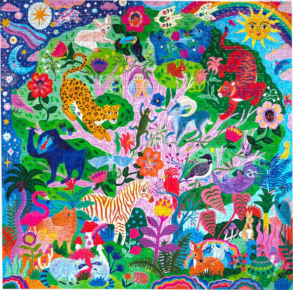 A vibrant 1000-piece jigsaw puzzle titled 'Life in a Tree' by Eeboo, featuring a colorful and whimsical scene with various animals like leopards, tigers, flamingos, and sloths amidst a lush landscape of flowers, trees, and stars, all rendered in bright, cheerful hues.