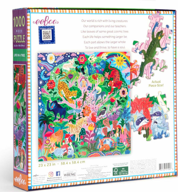 The Life in a Tree 1000-piece jigsaw puzzle by Eeboo features a vibrant illustration filled with various colorful animals and lush vegetation. The box displays the puzzle's finished design showcasing a tree teeming with life, including a tiger, a parrot, a kangaroo, and various flowers. The dimensions of the puzzle are 23 x 23 inches, and it emphasizes themes of nature and interconnectedness.