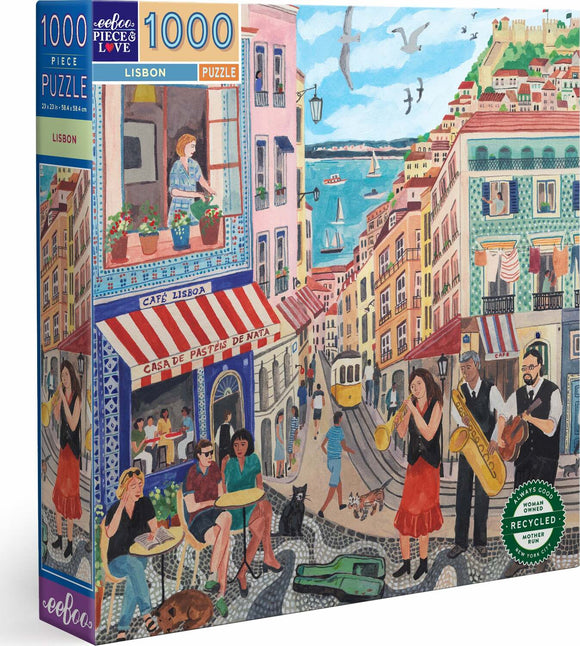 Eeboo Lisbon jigsaw puzzle featuring a vibrant illustration of Lisbon's streets, showcasing people enjoying outdoor cafes, musicians performing, and picturesque buildings by the water, composed of 1000 pieces.