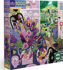 Eeboo's Lavender Kitchen Square Box jigsaw puzzle featuring a vibrant and colorful illustration of a kitchen scene filled with flowers, fruits, and charming utensils. Designed for 1000 pieces, the artwork showcases numerous floral arrangements, including lavender and irises, alongside whimsical elements like a rabbit and scenic views through windows.
