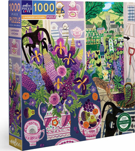 Eeboo's Lavender Kitchen Square Box jigsaw puzzle featuring a vibrant and colorful illustration of a kitchen scene filled with flowers, fruits, and charming utensils. Designed for 1000 pieces, the artwork showcases numerous floral arrangements, including lavender and irises, alongside whimsical elements like a rabbit and scenic views through windows.