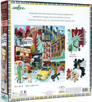 Eeboo's New York City Life jigsaw puzzle features a vibrant illustration of New York's bustling streets filled with iconic landmarks, diverse people, and lively neighborhoods. The box showcases the 1000 pieces, including an example of a puzzle piece depicting the Statue of Liberty amidst a colorful scene of city life with art, music, and culture. The puzzle dimensions are 23 x 23 inches.
