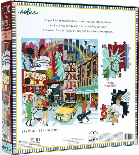 Eeboo's New York City Life jigsaw puzzle features a vibrant illustration of New York's bustling streets filled with iconic landmarks, diverse people, and lively neighborhoods. The box showcases the 1000 pieces, including an example of a puzzle piece depicting the Statue of Liberty amidst a colorful scene of city life with art, music, and culture. The puzzle dimensions are 23 x 23 inches.