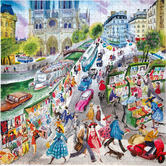 A vibrant jigsaw puzzle featuring a bustling Paris scene with colorful street life. The image showcases various pedestrians in fashionable attire, vintage cars, and book stalls along the Seine River, with iconic buildings like Notre-Dame in the background. The lively depiction captures the essence of a Parisian bookseller's district during a sunny day.