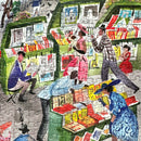 A vibrant jigsaw puzzle depicting a Parisian bookseller scene. The image features people browsing colorful book stalls along a street in Paris, showcasing lively details like books of various sizes and characters immersed in reading and walking. The artwork highlights the cultural charm of Paris with its iconic ambiance.