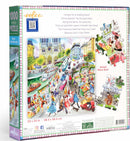 A colorful Eeboo jigsaw puzzle featuring a bustling scene along the Seine in Paris, showcasing booksellers, street vendors, and lively pedestrians. The 1000-piece puzzle measures 23 x 23 inches and invites users to explore the charming world of Parisian book culture.
