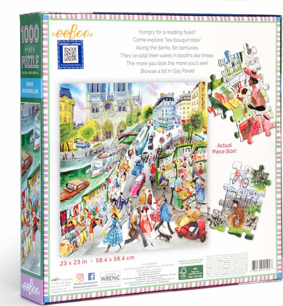 A colorful Eeboo jigsaw puzzle featuring a bustling scene along the Seine in Paris, showcasing booksellers, street vendors, and lively pedestrians. The 1000-piece puzzle measures 23 x 23 inches and invites users to explore the charming world of Parisian book culture.