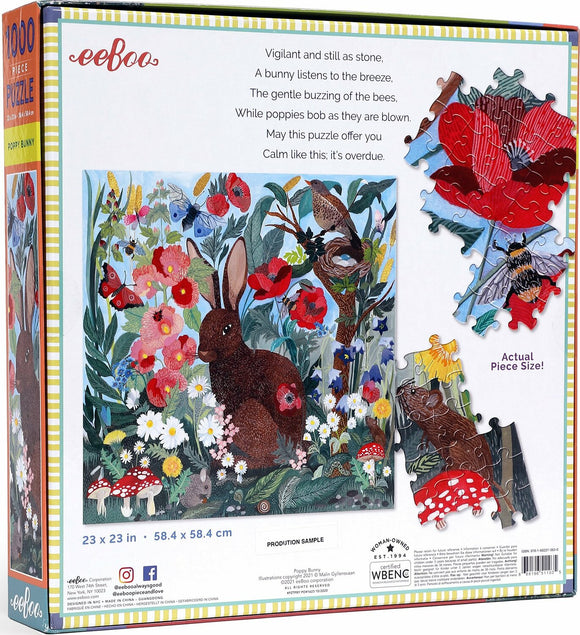 Eeboo's Poppy Bunny jigsaw puzzle box featuring a colorful illustration of a bunny surrounded by vibrant flowers, butterflies, and other wildlife. The box indicates it contains 1000 pieces and states the dimensions of 23 x 23 inches. A few puzzle pieces are displayed next to the box, showcasing their design and actual size.