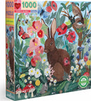 Eeboo's Poppy Bunny jigsaw puzzle featuring a beautifully illustrated scene with a brown bunny among vibrant flowers and butterflies, showcasing intricate details and colorful designs. The puzzle contains 1000 pieces and is suitable for both adults and children.