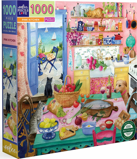 Eeboo Pink Kitchen 1000-piece jigsaw puzzle featuring a vibrant and detailed illustration of a kitchen scene. The artwork includes colorful kitchenware, a table set with fruits and vegetables, and playful pets in a cheerful pink kitchen setting with a scenic view visible through an open door.