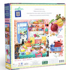 Eeboo Pink Kitchen 1000-piece jigsaw puzzle depicting a colorful, inviting kitchen scene filled with fresh food, cheerful decor, and playful pets. The illustration showcases a vibrant summer setting with bright colors and a warm atmosphere.