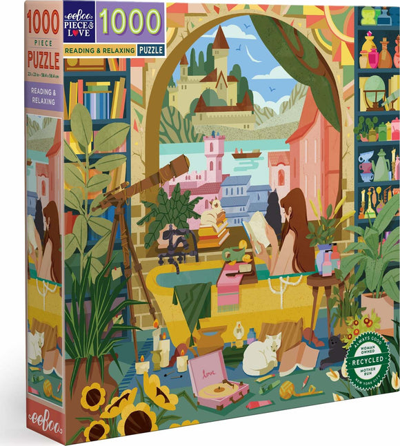 The Eeboo 'Reading & Relaxing' jigsaw puzzle featuring a colorful, cozy scene with a woman reading among books, plants, and cats. It depicts a serene setting with a picturesque view of mountains and a lake in the background. Various colorful objects, including candles and a record player, are scattered throughout the room, enhancing the relaxing atmosphere, ideal for puzzle enthusiasts and lovers of art.