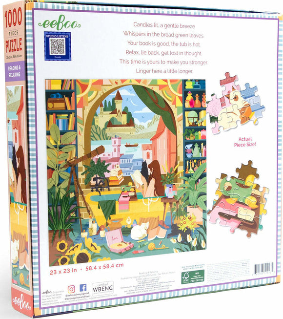 Eeboo Reading & Relaxing jigsaw puzzle featuring a serene scene with a woman reading in a cozy setting adorned with books, plants, and candles. The vibrantly illustrated box displays a picturesque background of colorful buildings and nature, along with sample puzzle pieces showcasing various colors and shapes. Puzzle dimensions are 23 x 23 inches, depicting a tranquil atmosphere perfect for relaxation.