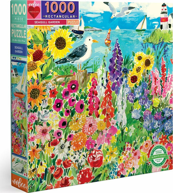 Eeboo's Seagull Garden jigsaw puzzle featuring a vibrant, colorful illustration of a garden with sunflowers, various flowers, seagulls, and sailboats. This 1000-piece rectangular puzzle measures 21 x 28 inches and is designed to provide a challenging yet enjoyable experience for puzzlers of all ages.