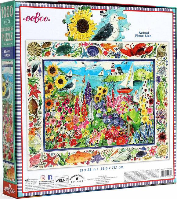 The Seagull Garden jigsaw puzzle by Eeboo is a vibrant 1000-piece puzzle featuring a colorful illustration of a seaside garden filled with flowers, birds, and marine life. The box displays the finished image, showcasing sunflowers, starfish, and sailboats against a blue sky and ocean backdrop. The actual piece size is highlighted, emphasizing its quality and detail.