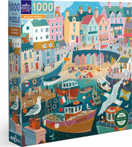 The Seaside Harbor jigsaw puzzle by Eeboo features a vibrant and detailed illustration of a coastal town with colorful houses, boats, beachgoers, and market scenes. The artwork captures a lively harbor atmosphere, complete with intricate patterns and cheerful colors. Designed for puzzle enthusiasts, this 1000-piece puzzle measures 23 x 28 inches.