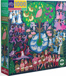 The Eeboo 12 Days of Christmas jigsaw puzzle features a vibrant and whimsical illustration filled with festive characters, animals, and greenery. This 1000-piece puzzle captures a joyful Christmas theme with colorful depictions of people celebrating various traditions, surrounded by nature and wildlife, creating an engaging and enjoyable scene for puzzlers of all ages.