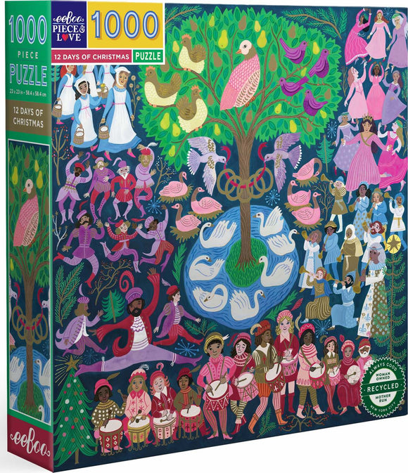 The Eeboo 12 Days of Christmas jigsaw puzzle features a vibrant and whimsical illustration filled with festive characters, animals, and greenery. This 1000-piece puzzle captures a joyful Christmas theme with colorful depictions of people celebrating various traditions, surrounded by nature and wildlife, creating an engaging and enjoyable scene for puzzlers of all ages.