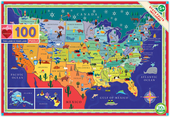 A colorful jigsaw puzzle titled 'This Land is Your Land' by Eeboo featuring a map of the United States and Canada. The puzzle showcases detailed illustrations of state symbols, landmarks, and wildlife within vibrant geographical boundaries. Ideal for ages 5 and up, this 100-piece puzzle highlights educational facts about each state and region, inviting families and children to explore and learn while piecing together the map.